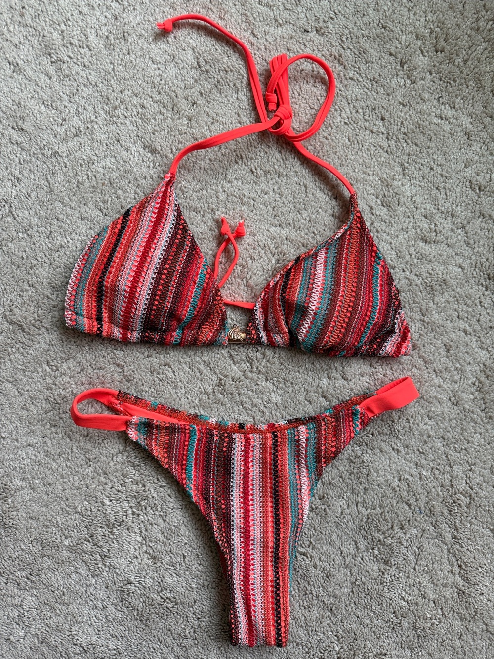 Women’s Coral Multi-Stripe Crochet Bikini Set